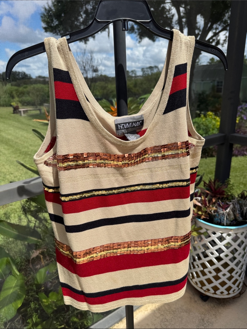 NouveaUX Beige Stripe Sequin Tank with Red & Black Bands